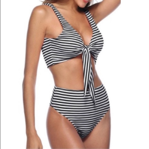 High Waist Black White Stripe Bikini - Picture 2 of 7
